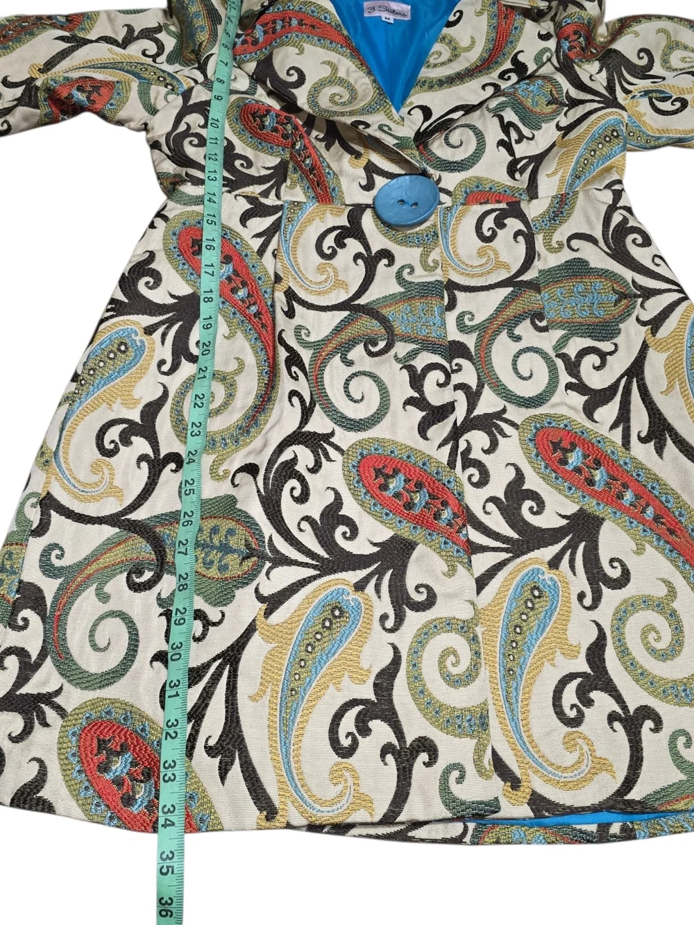 3 Sisters Paisley Tapestry Coat Jacket Medium Blue Button Lined Boho Chic